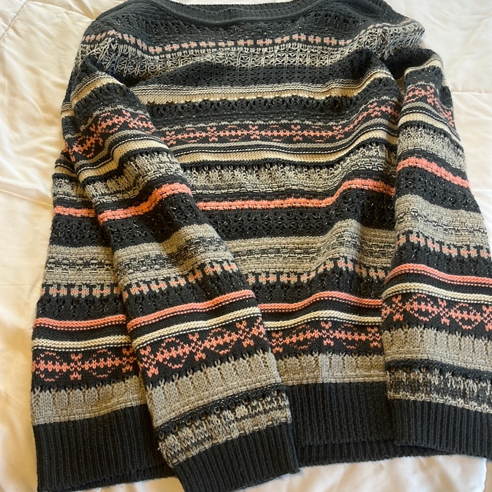 Debbie Morgan Black, Gray & Pink Striped Crewneck Sweater